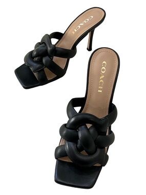 COACH Kellie Black Leather Knotted Mule Heels Slide Sandals Sz 8 $195